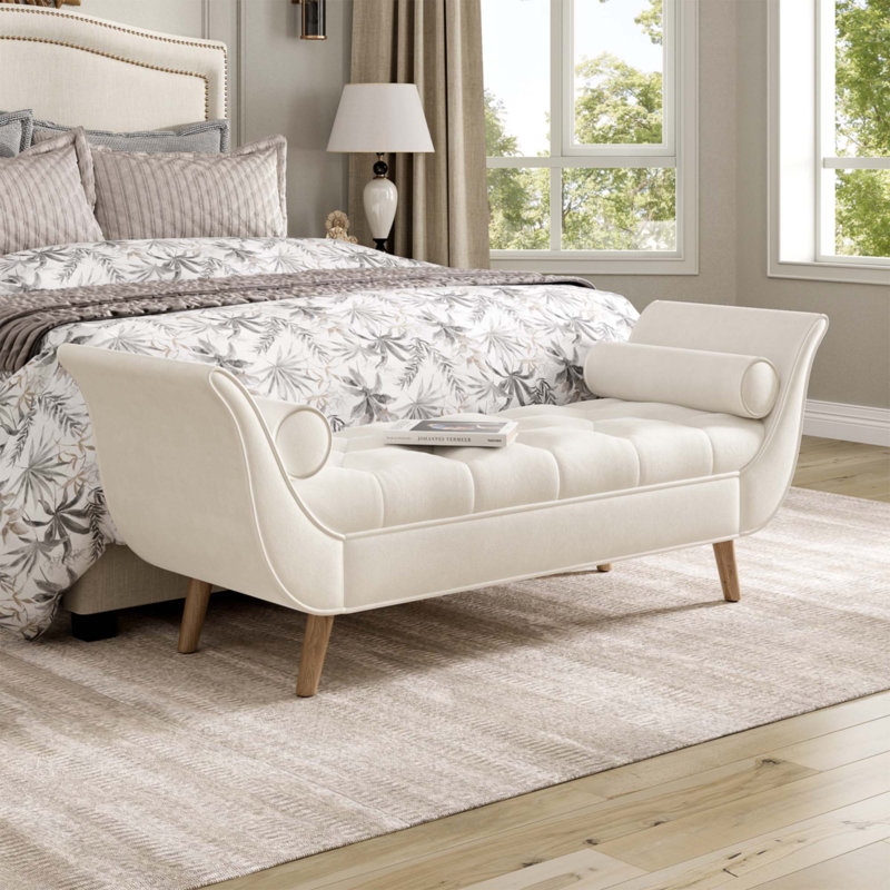 Banc rembourré en velours, Beige, Chêne