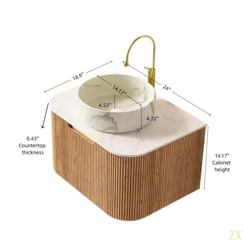 Meuble-lavabo de salle de bain de 24 po avec tiroir Dina, armoire de rangement rayée à bords arrondis avec tiroir, lavabo rond en céramique mat et plateau en pierre frittée de Carrare, pré-assemblé