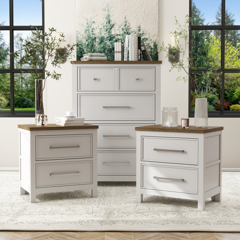 Lonegan 3-Piece Nightstands And Dresser Set, Blanc, Ensemble de trois pièces : deux tables de chevet