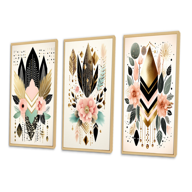 «Boho Chic Floral Geometric Retro Illustration III», 3 pièces sur toile, Cadre naturel flottant, H 40 po x l 60 po