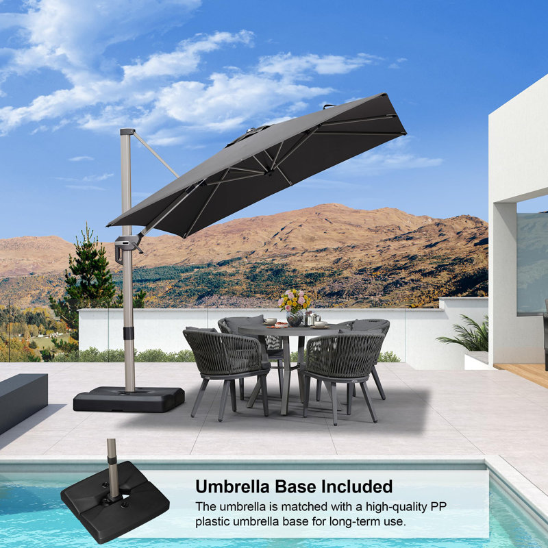 Kersten 8' Square Cantilever Aluminum Offset Grey Umbrella With 360° Rotation And Base