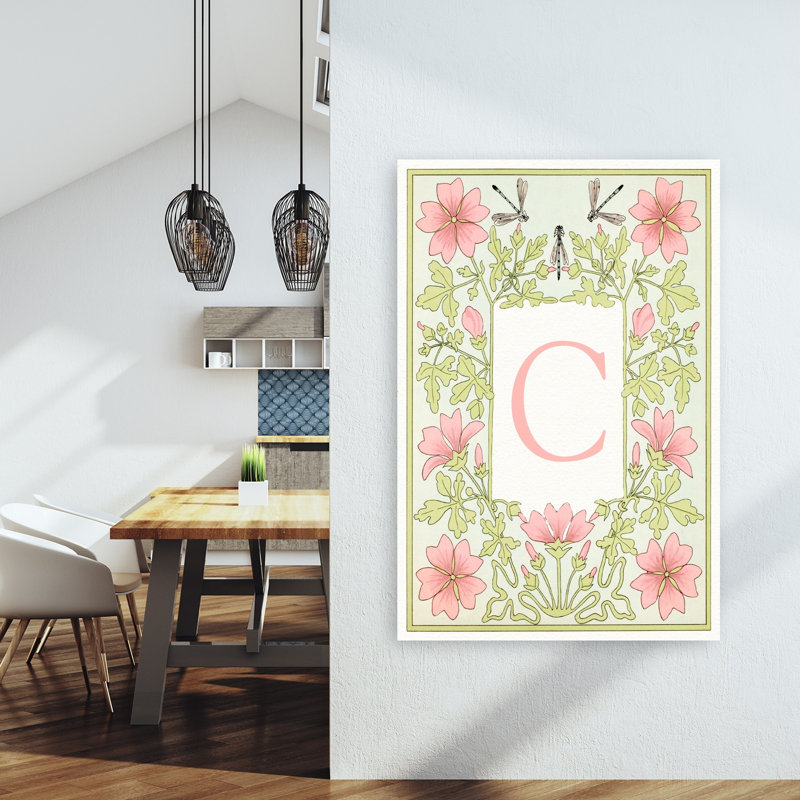 Botanical Initial C Classic Elegant Vintage Dragonfly Flower Nature Wall Art Print 1 Piece Wrapped Canvas Wall Art