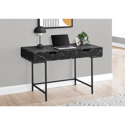 Bureau d'ordinateur de 46,93 po de style marbre noir - 2 tiroirs de rangement, pieds en métal, bureau contemporain contemporain de 48 po de longueur, fabrication stable