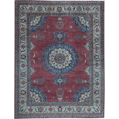 Tapis rouge et bleu noué à la main de haute qualité