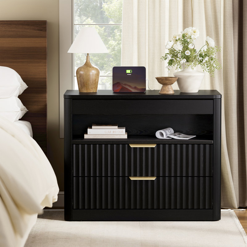 Table de chevet 27 po avec station de charge, 2 tiroirs et rangement ouvert, table de chevet avec plateau coulissant, table de bout de chambre à coucher moderne