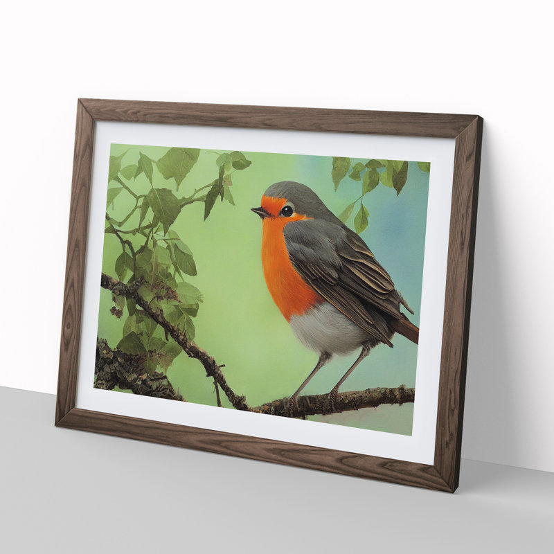 Magnetic Robin Bird - Framed Print, 46cm H x 64cm W x 2cm D, Walnut