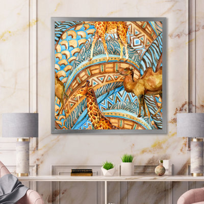 Girafe et caméléon sur une géométrie africaine - impression sur toile