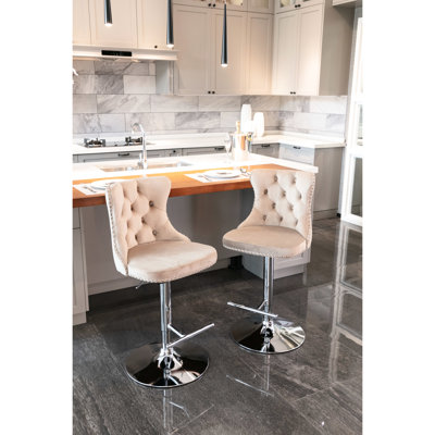 Velvet With Adjustable 25 - 33 Inch Seat, Modern Upholstered, Base, Comfortable Back For Home Pub Kitchen Khaki, Two Uniting Height Khaki Bar Stools, Upholstered Island Of 2