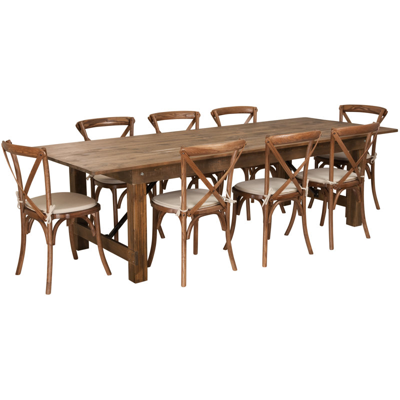 Aylar Rustic Folding Farm Table Set with Cross Back Chairs and Cushions, 30" H x 40" W x 108" L, 9 Pieces: Table, 8 Chairs