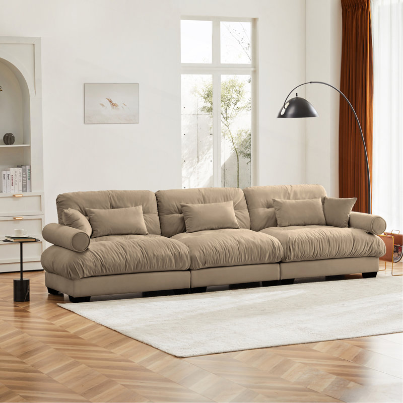 Très grand canapé en velours moderne à 3 places, canapé surdimensionné, siège confortable et dossier confortable, avec coussins de taille et coussins décoratifs, chameau
