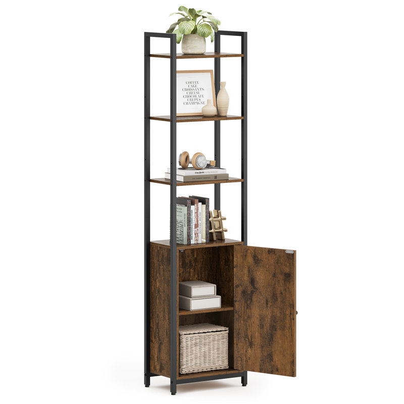 Adetola 40cm W Steel Etagere Bookcase, Rustic Brown/Ink Black