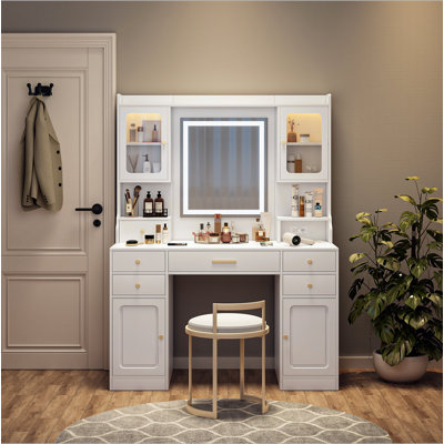 Coiffeuse de maquillage avec lumières à DEL et 3 coiffeuses de maquillage avec prise de courant à 2 grands tiroirs avec pieds en métal robustes et chaise en métal, coiffeuse pour le vestiaire de la chambre à coucher
