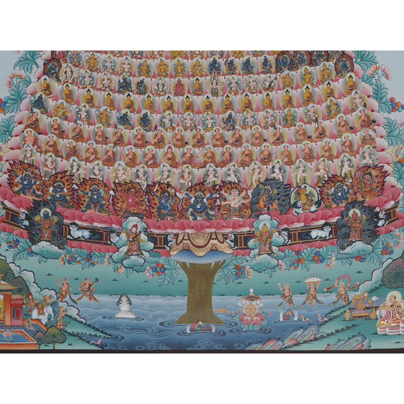 Arbre de mérite peint à la main «Thangka» Gura Puja - 36 po, art mural bouddhiste tibétain, or 24 carats, offrande spirituelle et décor de méditation