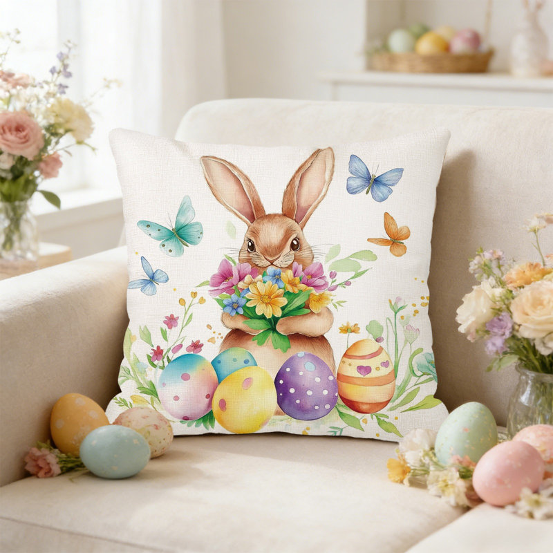 Coussins décoratifs pour lapin de Pâques et motifs d'œufs de Pâques, A