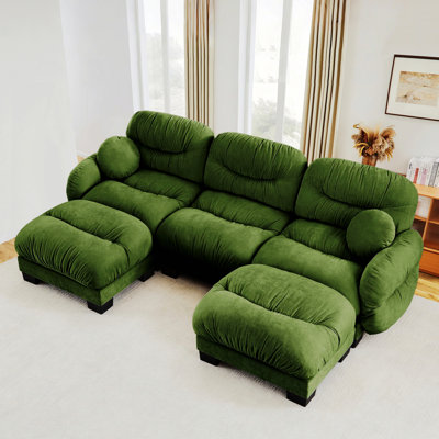 Canapé 3 places avec accoudoirs courbés, canapé avec deux repose-pieds et coussins décoratifs ronds