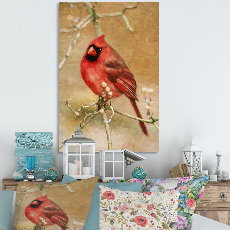 «Grunge Red Cardinal Bird», reproduction d'art sur toile encadrée, H 36 po x l 24 po x P 1 po, Toile tendue