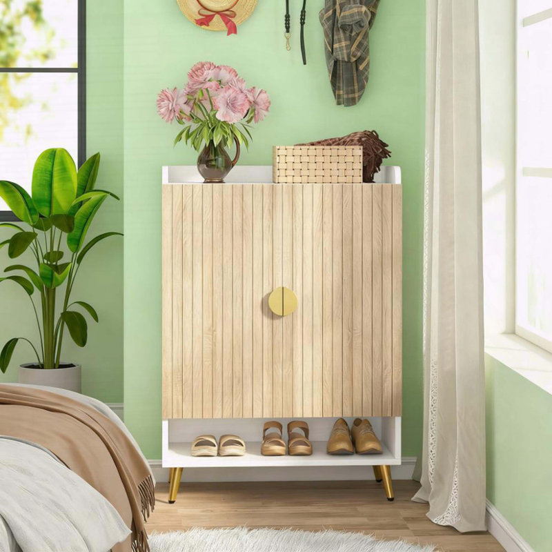 7-Tier Wooden Shoe Storage Cabinet with Adjustable Shelves, Natural/White