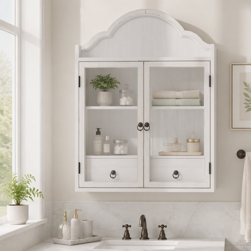 Solid Wood Wall Cabinet with Elegant Wave, White