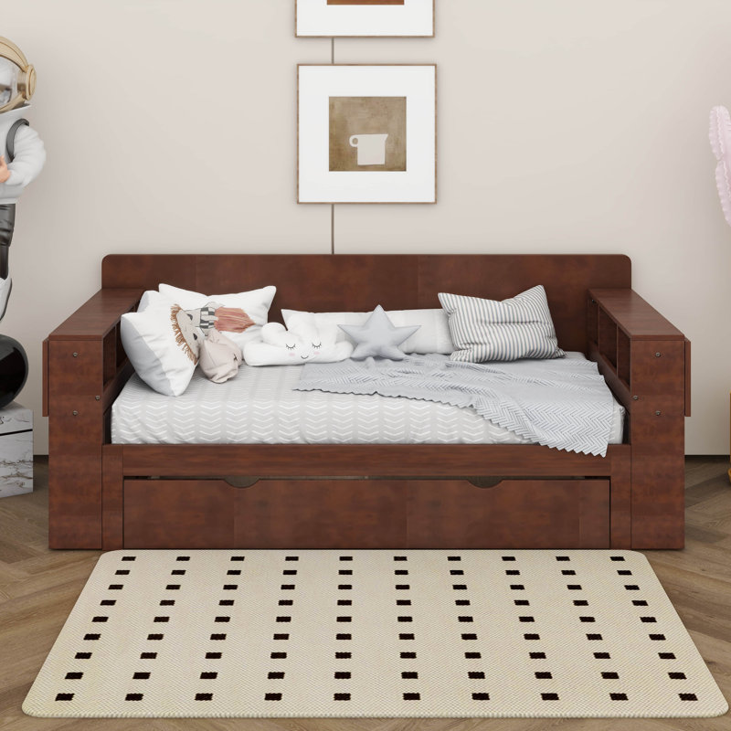 Full Size Daybed With Removable Desk, Storage Drawers & Hydraulic Side Table, Wooden Daybed Sofa Bed, 4-In-1 Multifunctional Design