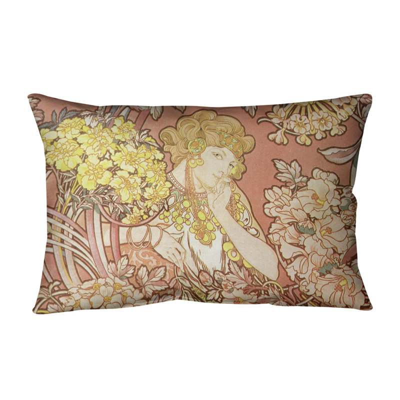 Coussin lombaire à fleurs alphonse mucha, 20 po x 14 po, Orange, Duvet synthétique