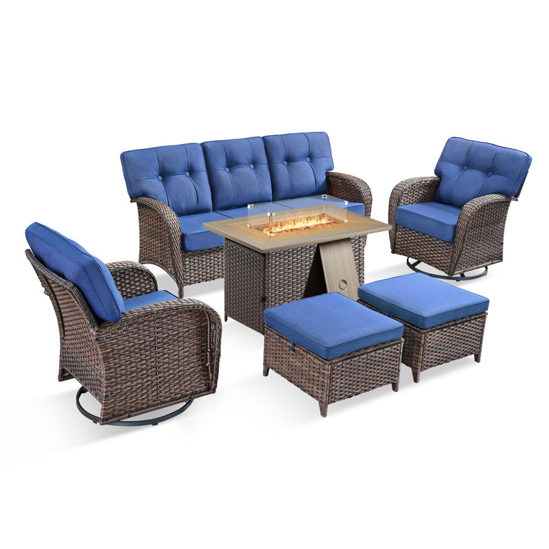 Ensemble de conversation pour patio en osier 6 pièces avec table rectangulaire et chaises pivotantes Teebeck, Bleu