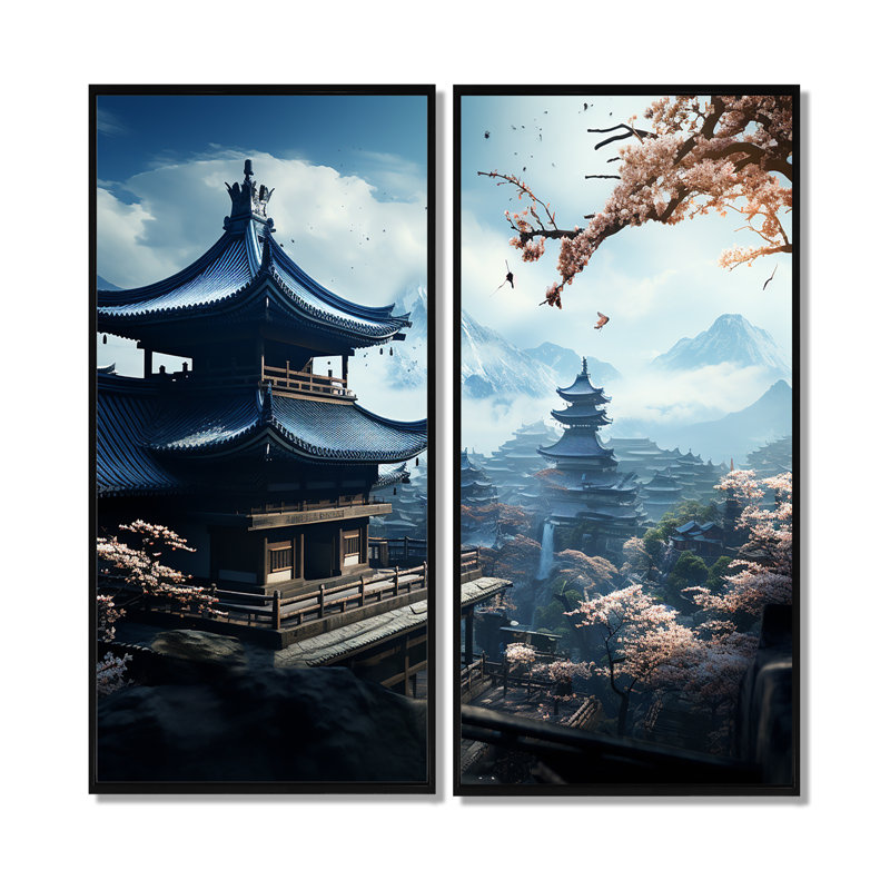 «Japon Temple», art mural sur toile traditionnel, sérénité, 2 pièces, H 32 po x l 32 po, Impression encadrée flottante, Noir