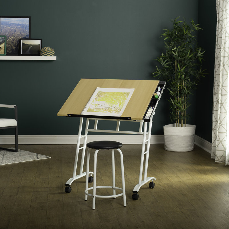 Adjustable Maple and White Drawing Table with Stool