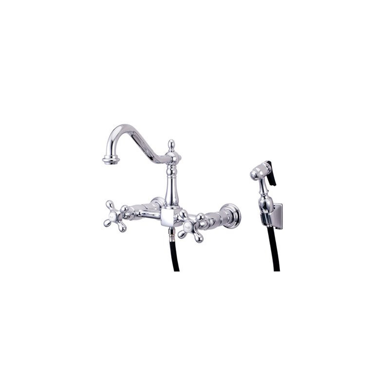 Heritage Double Handle Wall Mount Bridge Kitchen Faucet with Metal Cross Handles and Side Spray, Polished Chrome