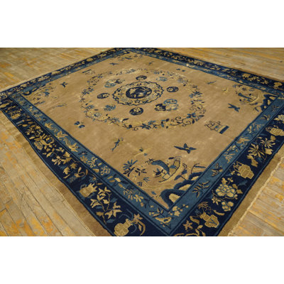1920s Ivory Beige Cream White Hand Knotted Pile Rectangle Floral Medallion Wool Antique Rug
