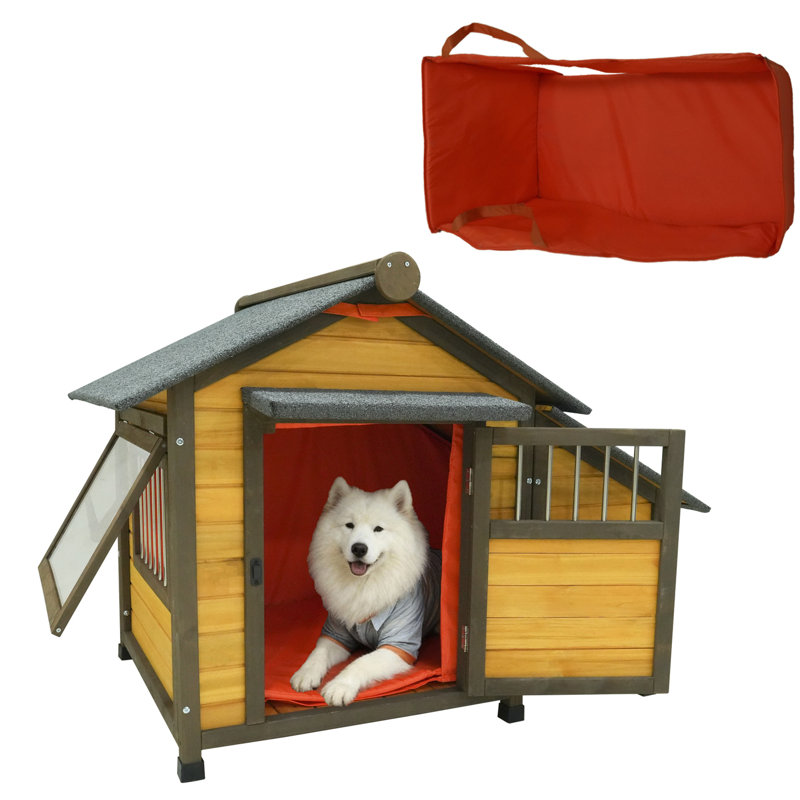 Niche pour chien isolée en bois massif de 50 po pour petits chiens, chenil d'extérieur avec porte verrouillable, rideau thermique amovible et fenêtre ventilée