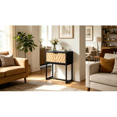 Modern Entryway Console Table with Storage Drawer, Compact Side Accent Table, Black Finish Wooden Drawer Narrow Space Saving Sofa Table for Hallway Li