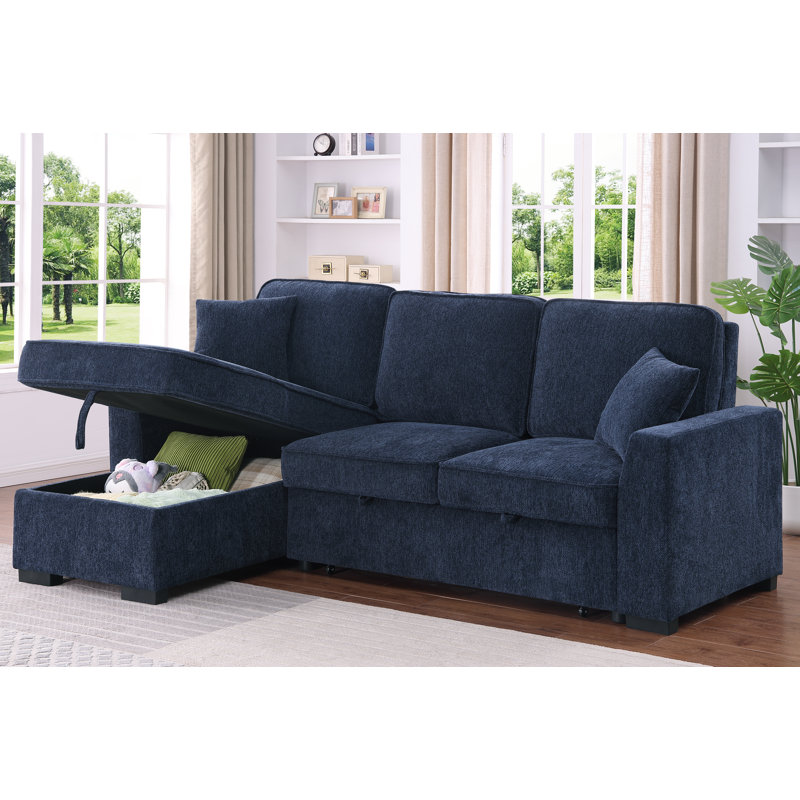 L-shaped Sleeper Sofa Reversible Couch Pull Out Couch With Storage Chaise, Dark Blue Chenille