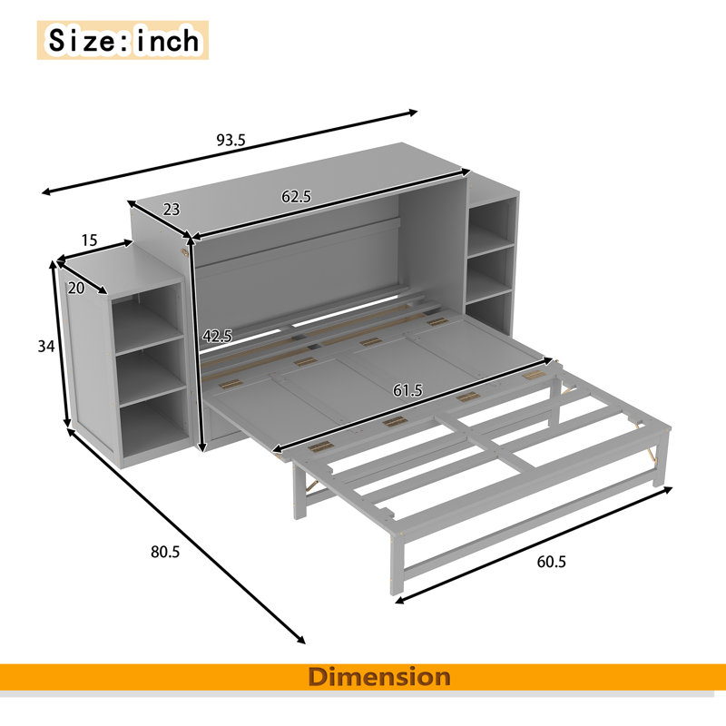 Grand lit escamotable avec tiroirs et tablettes de rangement spacieux. Idéal pour les chambres d'amis ou les chambres compactes