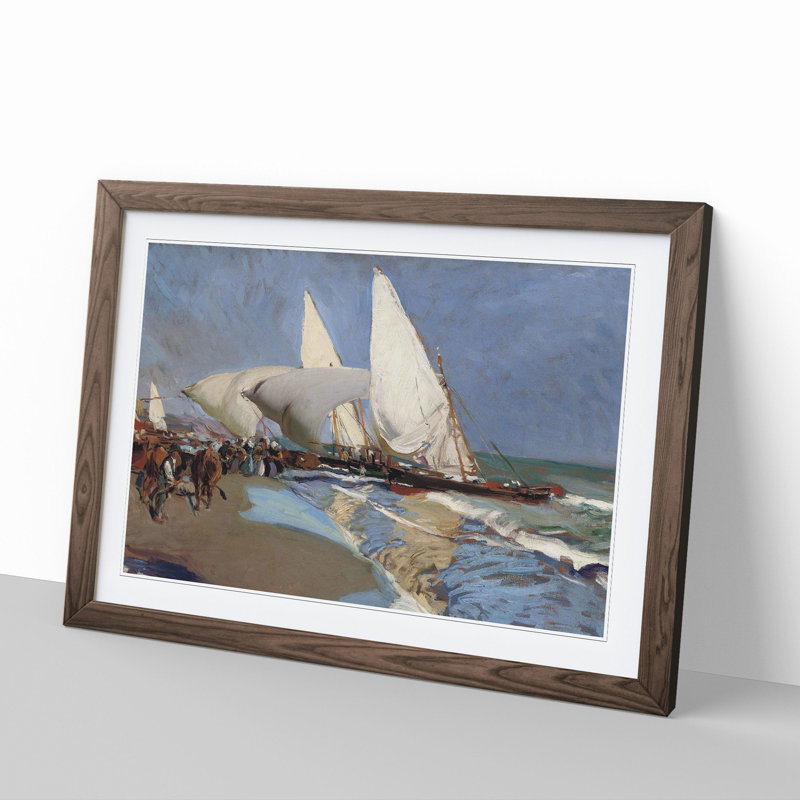 The Merchant Ships by Joaquin Sorolla Y Bastida - Picture Frame Painting on MDF, Walnut Framed, 48cm H x 65cm W x 2cm D
