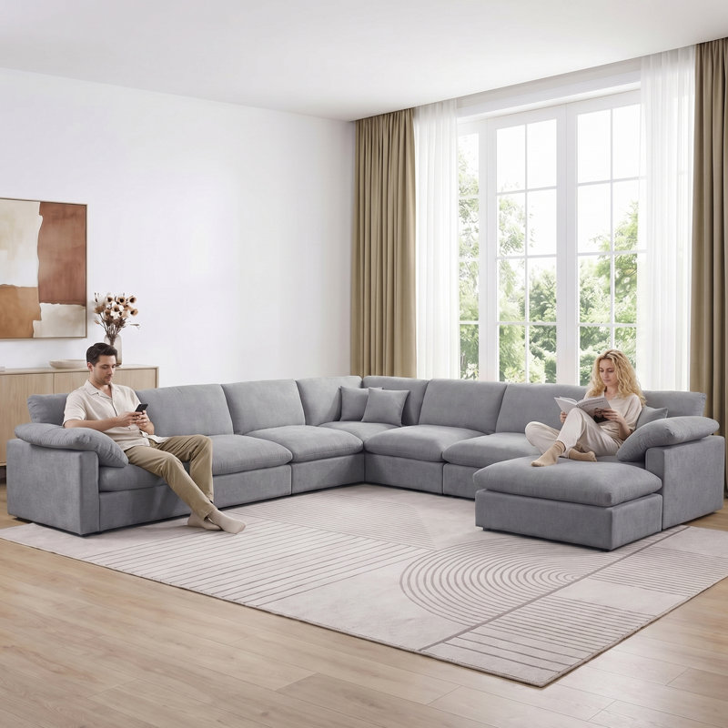 144" Chenille Modular Sectional Sofa 8 Seat Oversized Upholstered Cloud Couch With Corner & Movable Ottoman, Gray Chenille