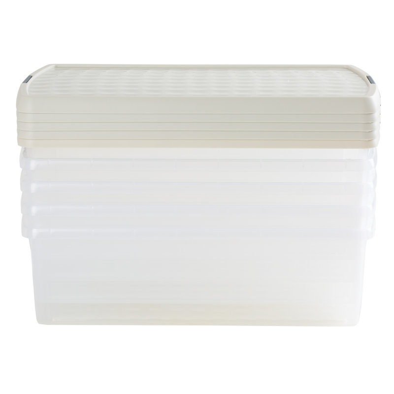Wham Clip Rectangular Plastic Storage Boxes with Secure Clip Lock Lids Clear/Green Milieu/Stone, 30 Liters, Cream