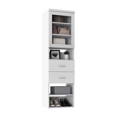 Tranquil White 19.5" Wall-Mounted Closet Section with Glass Doors, 6 Shelves & 2 Slab Drawers