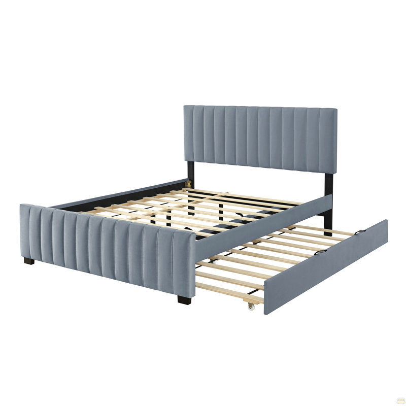 Grand lit plateforme tapissier en velours avec lit gigogne simple TG, Gray