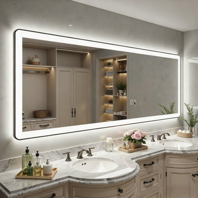 Lunara Independent Dual Backlit&Front Lights LED Wall Mirror, Rounded Corner Matte Black Metal Framed Bathroom Mirror with Tempered Glass