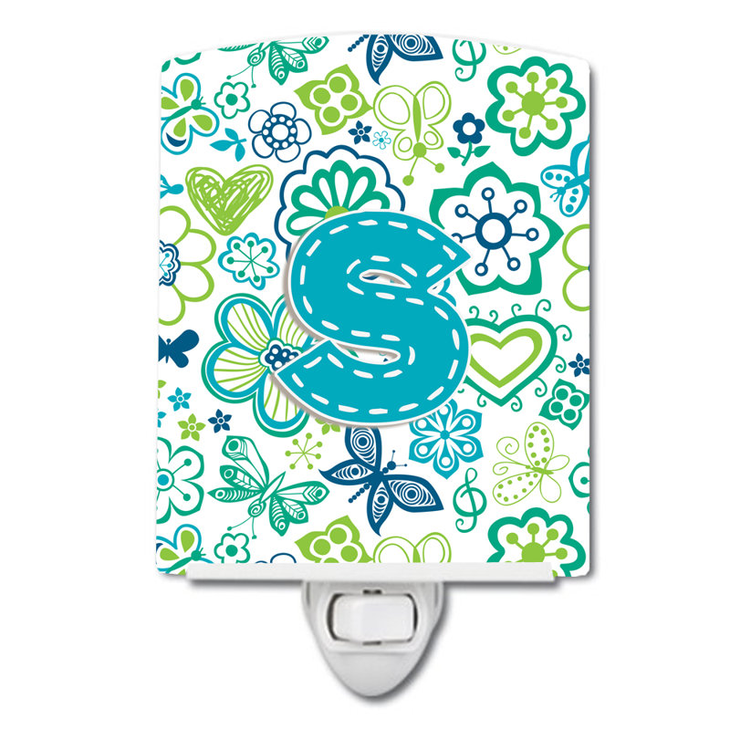 Éclairage de nuit en céramique fleurs et papillons, S, Bleu sarcelle