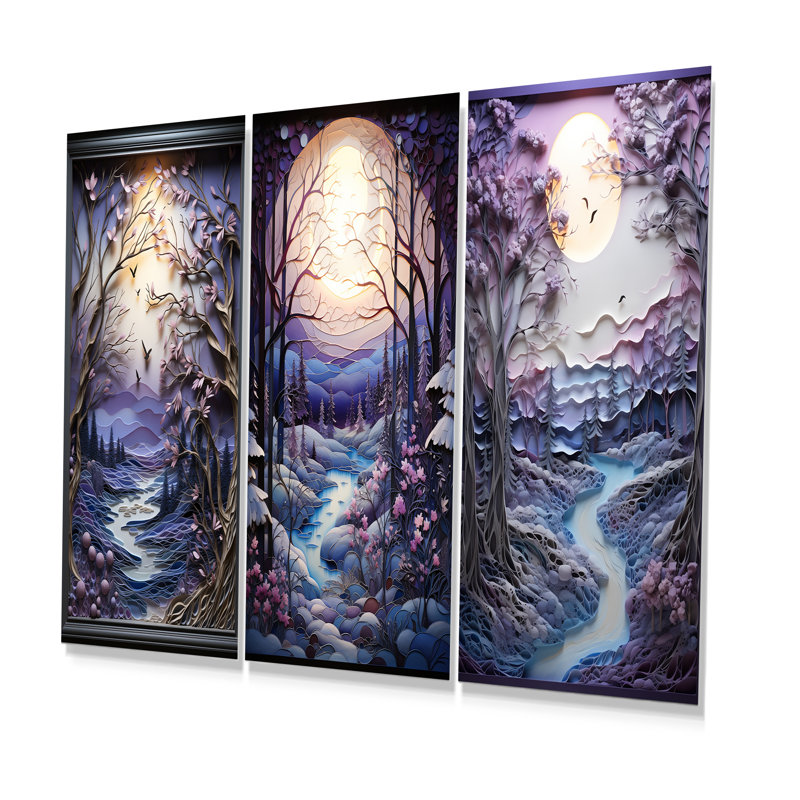 «Purple Winter River Landscape Collage I», ensemble de 3 reproductions d'art mural en métal, H 32 po x l 48 po
