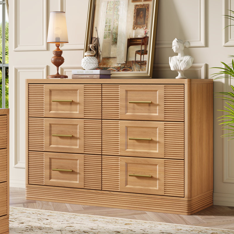 Commode 6 tiroirs pour chambre à coucher, grande commode en bois de chêne, Oak