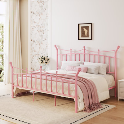 Retro Style Teen Girls Dream Crown Shaped Metal Platform Bed, No Box Spring Needed