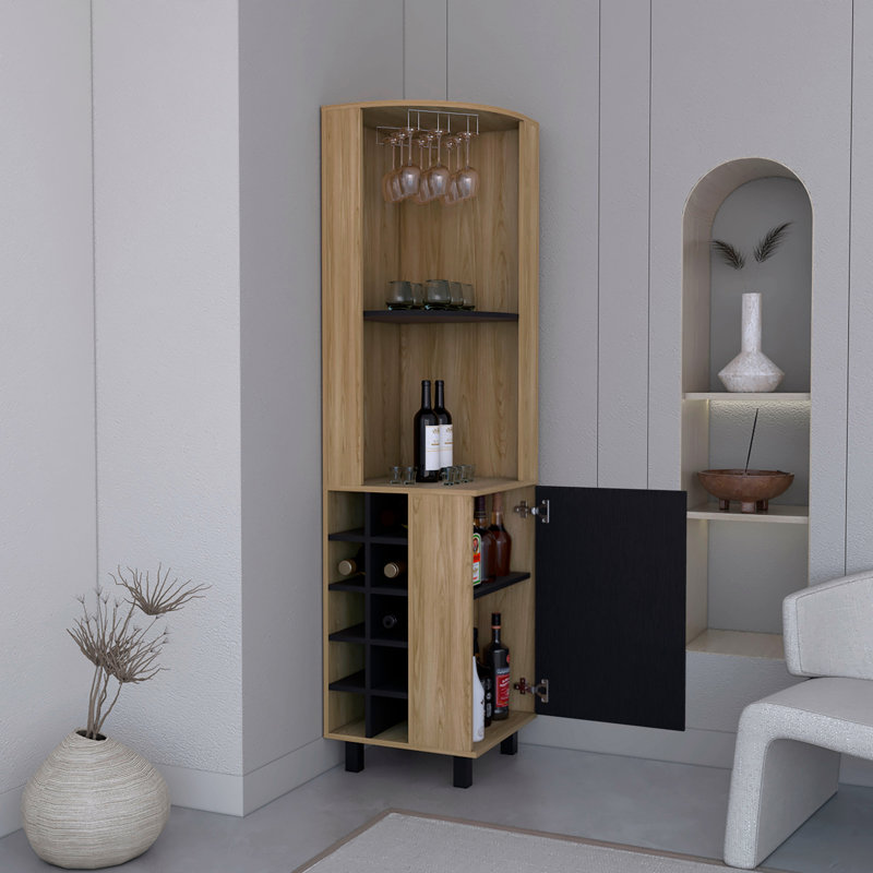 Audra Corner Bar Cabinet Six Built-in Wine Rack, Two Shelves, Four Shelves With Door Macadamia / , Light Oak/Black