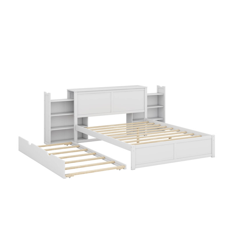 Grand lit plateforme avec rangement gigogne et tablettes coulissantes, Blanc