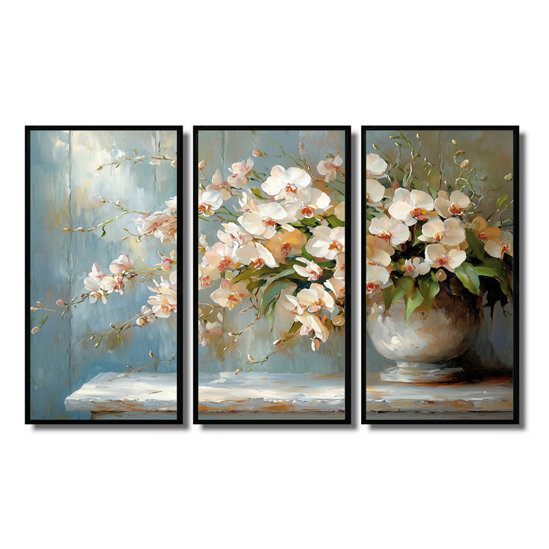 Harmony orchidées fleurs II - art mural orchidée - ensemble de 3, H 28 po x l 36 po, Noir