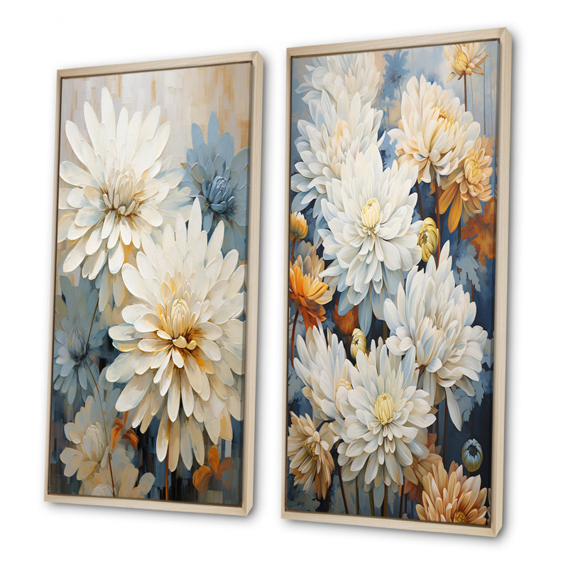 "Mums", peinture sur toile beige et blanche - "Mums", ensemble d'art mural sur toile, Encadrement brun, H 40 po x l 41 po