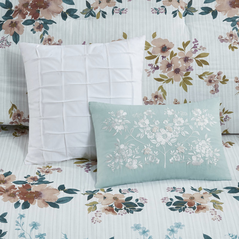 Édredon en coton avec bordures bleu sarcelle et détails de coussins brodés à rayures grises - double / grand