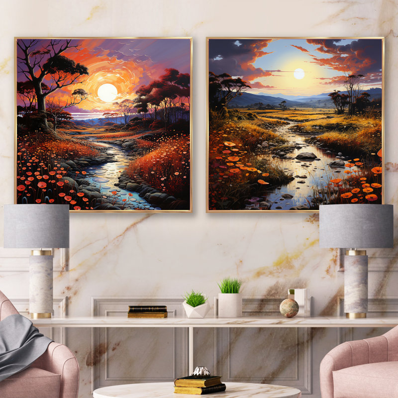 «Neo Expressionism Harmony Of River», 2 pièces, Cadre flottant doré, H 36 po x l 73 po