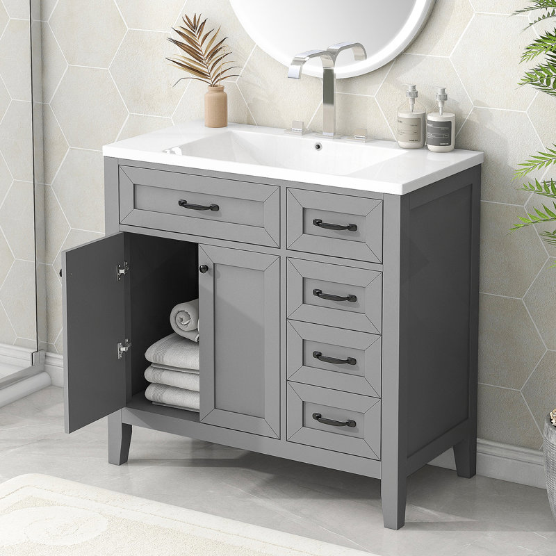 Ensemble de meuble-lavabo avec tiroirs, Gris, Noir